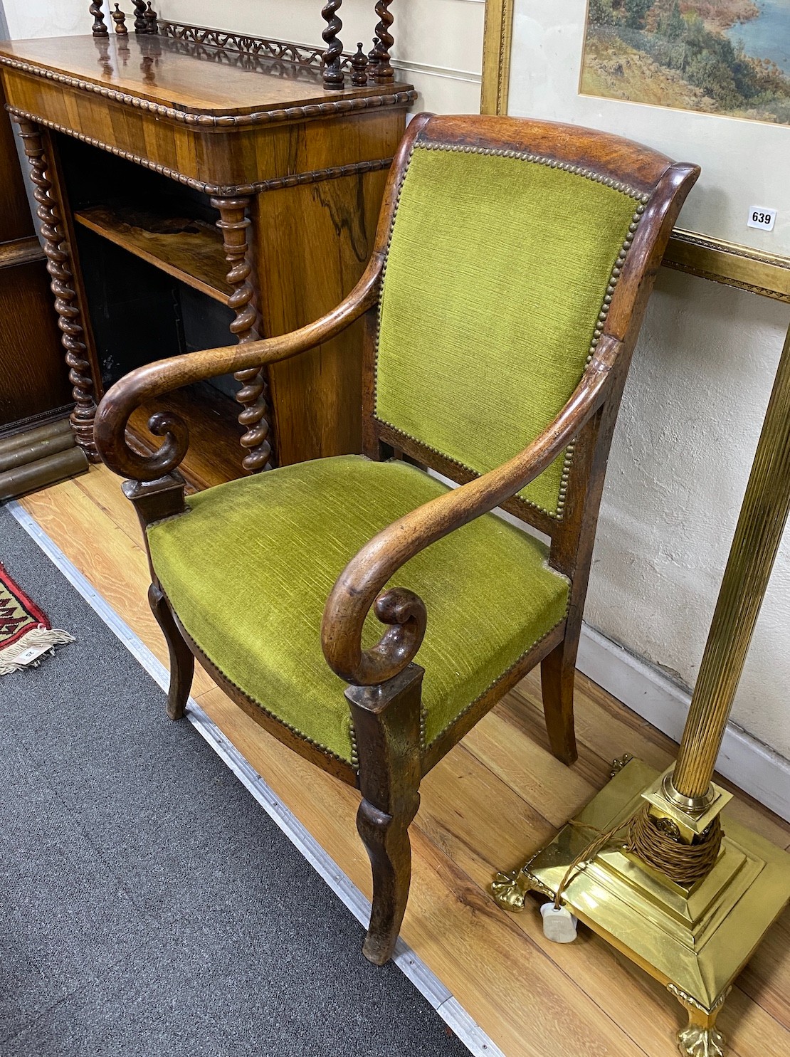 A near pair of 19th century French mahogany elbow chairs, width 54cm, depth 54cm, height 92cm